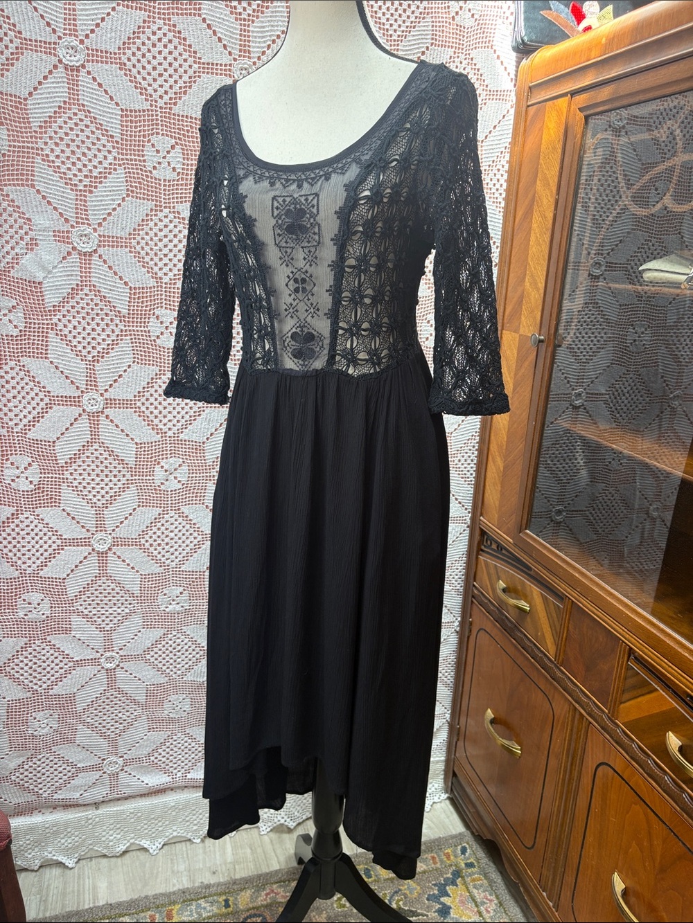 Free People Black Lace Mesh Dress Sz Lg